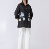 Black, Crepe Fabric, Threaded embroidered shirt with collar neck, 3/4th sleeves