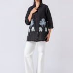 Black, Crepe Fabric, Threaded embroidered shirt with collar neck, 3/4th sleeves