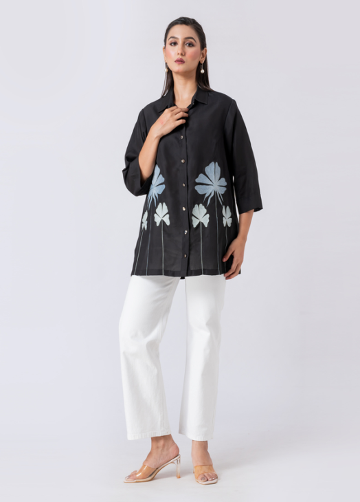 Black, Crepe Fabric, Threaded embroidered shirt with collar neck, 3/4th sleeves