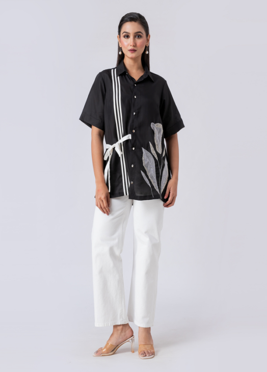 Black, Crepe Fabric, Bead and hand embroidered shirt with collar neck, Half sleeves