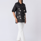 Black, Crepe Fabric, Bead and hand embroidered shirt with collar neck, Half sleeves