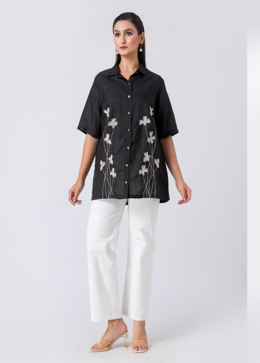 Black, Crepe Fabric, Bead and hand embroidered shirt with collar neck, Half sleeves