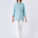 Blue, Cotton Fabric, Bead and hand embroidered shirt with collar neck, Full sleeves