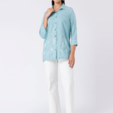 Blue, Cotton Fabric, Bead and hand embroidered shirt with collar neck, Full sleeves