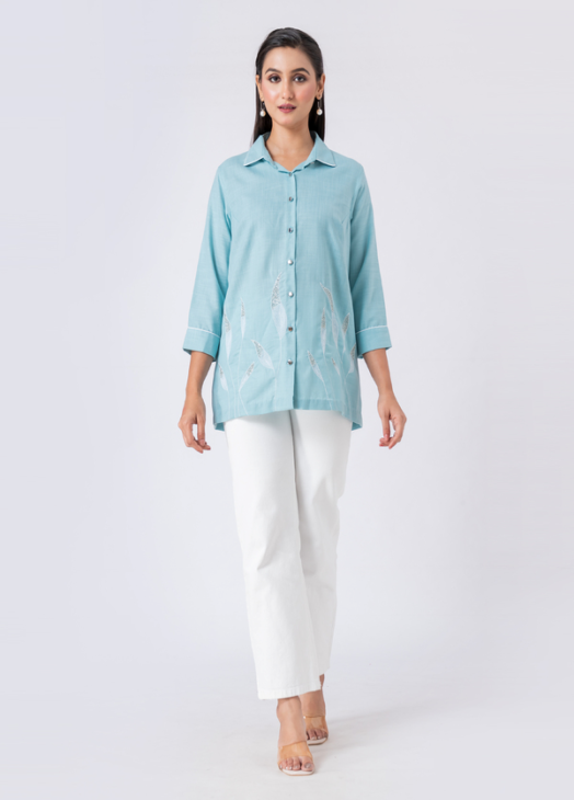 Blue, Cotton Fabric, Bead and hand embroidered shirt with collar neck, Full sleeves