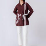 Wine, Crepe Fabric, Bead and hand embroidered shirt with collar neck, Full sleeves