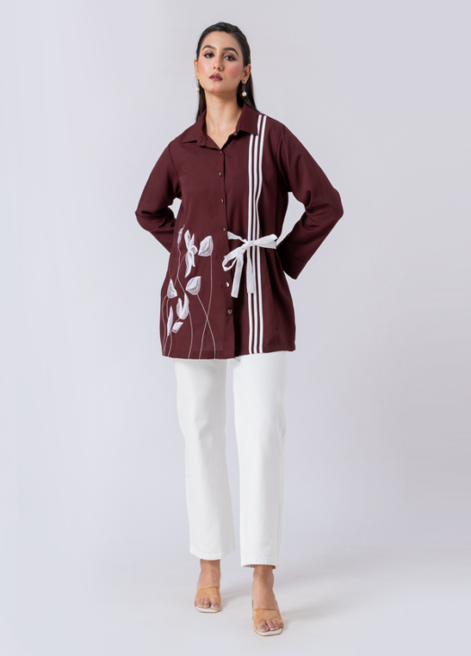Wine, Crepe Fabric, Bead and hand embroidered shirt with collar neck, Full sleeves