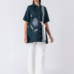 Green, Cotton Fabric, Bead and hand embroidered shirt with collar neck, Half sleeves