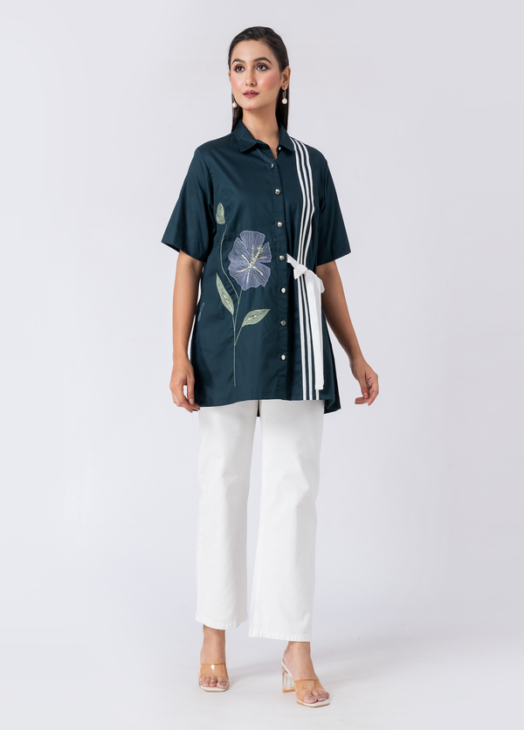 Green, Cotton Fabric, Bead and hand embroidered shirt with collar neck, Half sleeves