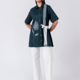 Green, Cotton Fabric, Bead and hand embroidered shirt with collar neck, Half sleeves