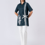 Green, Cotton Fabric, Bead and hand embroidered shirt with collar neck, Half sleeves