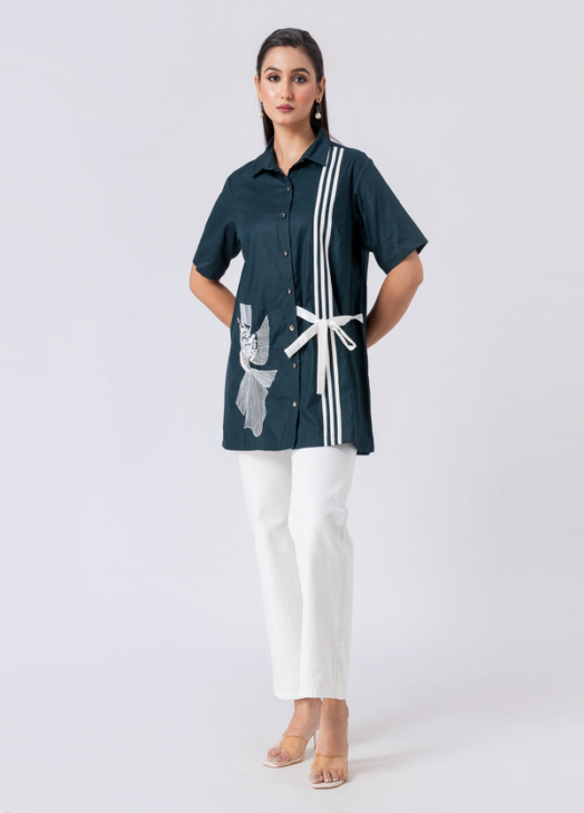 Green, Cotton Fabric, Bead and hand embroidered shirt with collar neck, Half sleeves