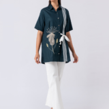 Green, Cotton Fabric, Bead and hand embroidered shirt with collar neck, Half sleeves