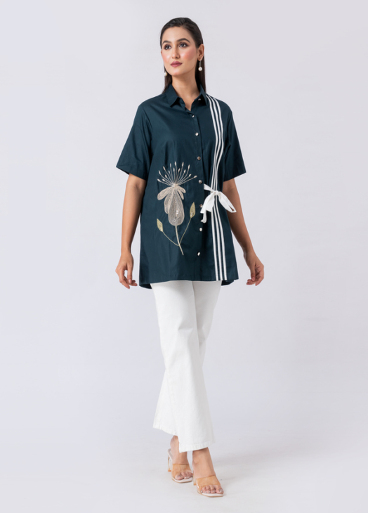 Green, Cotton Fabric, Bead and hand embroidered shirt with collar neck, Half sleeves