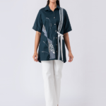 GREEN BOTANIC SHIRT:Green, Cotton Fabric, Bead and hand embroidered shirt with collar neck, Half sleeves