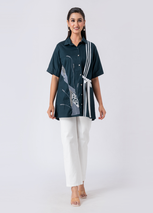 GREEN BOTANIC SHIRT:Green, Cotton Fabric, Bead and hand embroidered shirt with collar neck, Half sleeves