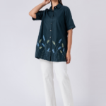 GREEN FLEUR SHIRT:Green, Cotton Fabric, Bead and hand embroidered shirt with collar neck, Half sleeves