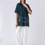 GREEN FLEUR SHIRT:Green, Cotton Fabric, Bead and hand embroidered shirt with collar neck, Half sleeves