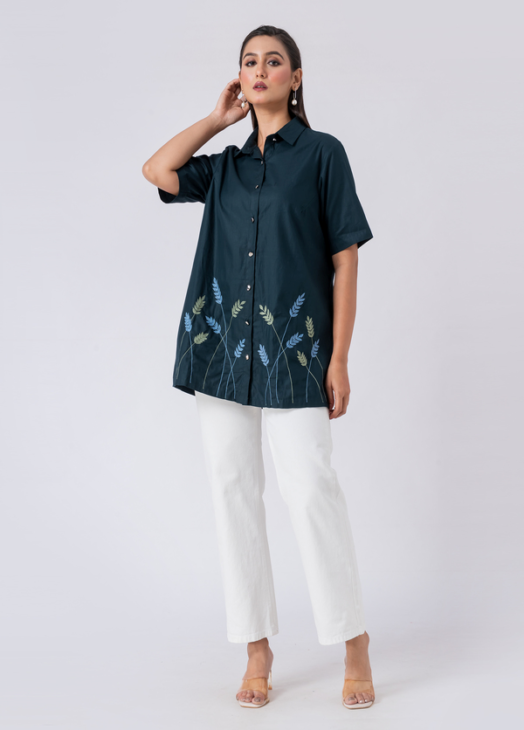 GREEN FLEUR SHIRT:Green, Cotton Fabric, Bead and hand embroidered shirt with collar neck, Half sleeves