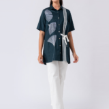 Green, Cotton Fabric, Bead and hand embroidered shirt with collar neck, Half sleeves