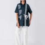 Green, Cotton Fabric, Bead and hand embroidered shirt with collar neck, Half sleeves