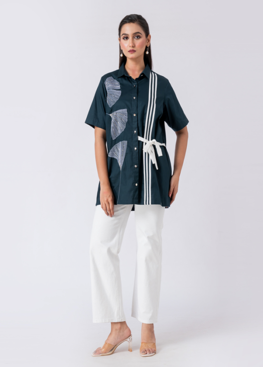 Green, Cotton Fabric, Bead and hand embroidered shirt with collar neck, Half sleeves