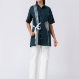 Green, Cotton Fabric, Bead and hand embroidered shirt with collar neck, Half sleeves