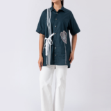 Green, Cotton Fabric, Bead and hand embroidered shirt with collar neck, Half sleeves