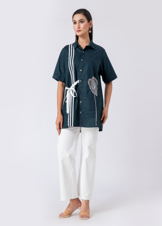 Green, Cotton Fabric, Bead and hand embroidered shirt with collar neck, Half sleeves