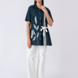 Green, Cotton Fabric, Bead and hand embroidered shirt with collar neck, Half sleeves