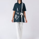 Green, Cotton Fabric, Bead and hand embroidered shirt with collar neck, Half sleeves