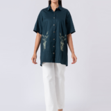 Green, Cotton Fabric, Bead and hand embroidered shirt with collar neck, Half sleeves