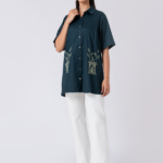 Green, Cotton Fabric, Bead and hand embroidered shirt with collar neck, Half sleeves