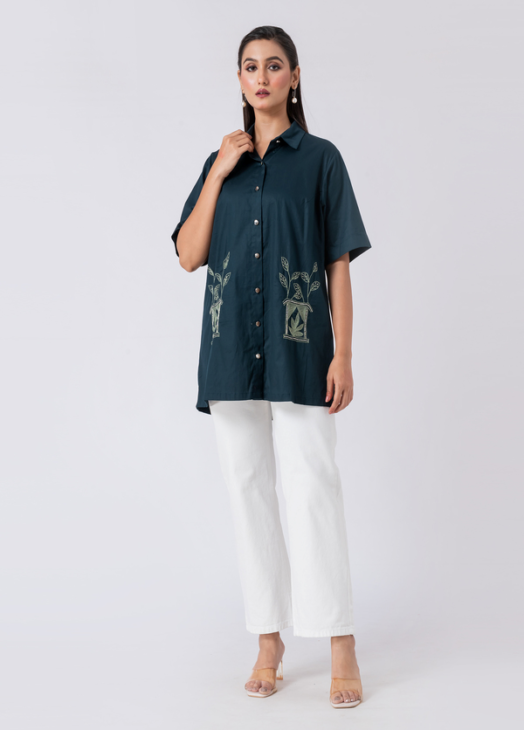 Green, Cotton Fabric, Bead and hand embroidered shirt with collar neck, Half sleeves