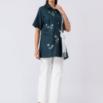 GREEN JADE SHIRT:Green, Cotton Fabric, Bead and hand embroidered shirt with collar neck, Half sleeves