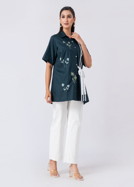 GREEN JADE SHIRT:Green, Cotton Fabric, Bead and hand embroidered shirt with collar neck, Half sleeves