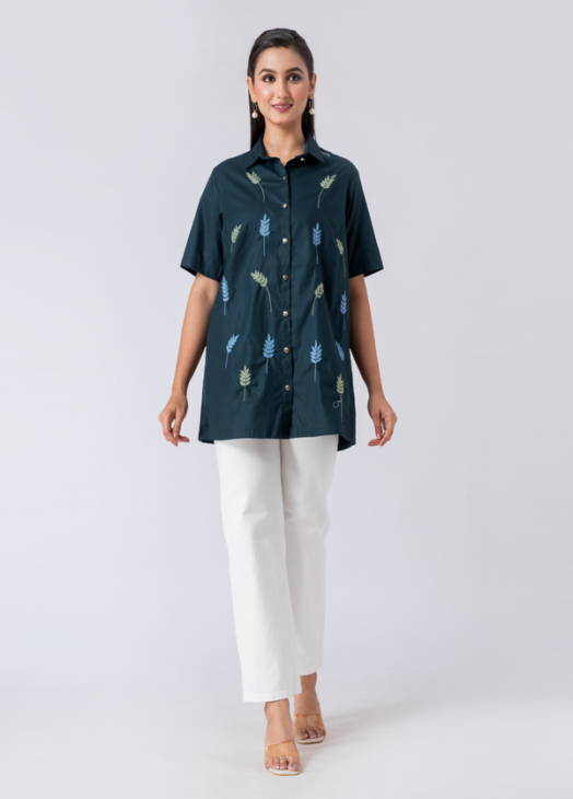 GREEN MYSTIC SHIRT: Green, Cotton Fabric, Bead and hand embroidered shirt with collar neck, Half sleeves