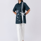 Green, Cotton Fabric, Bead and hand embroidered shirt with collar neck, Half sleeves