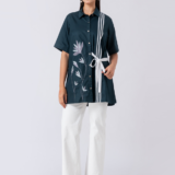 Green, Cotton Fabric, Bead and hand embroidered shirt with collar neck, Half sleeves