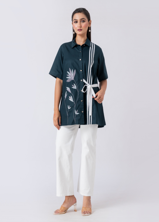 Green, Cotton Fabric, Bead and hand embroidered shirt with collar neck, Half sleeves