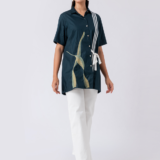 GREEN TROPICAL SHIRT: Green, Cotton Fabric, Bead and hand embroidered shirt with collar neck, Half sleeves