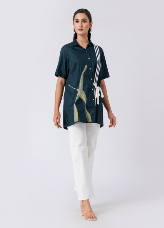 GREEN TROPICAL SHIRT: Green, Cotton Fabric, Bead and hand embroidered shirt with collar neck, Half sleeves