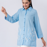 SKY WHISPER SHIRT: Blue, Cotton Textured Fabric, Bead and hand embroidered shirt with collar neck, Full sleeves