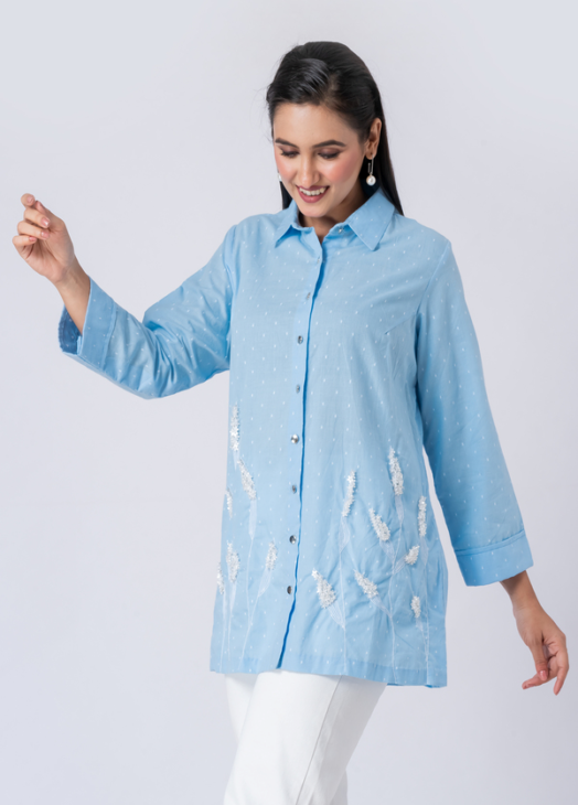 SKY WHISPER SHIRT: Blue, Cotton Textured Fabric, Bead and hand embroidered shirt with collar neck, Full sleeves