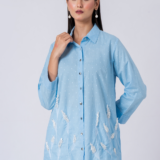 SKY WHISPER SHIRT: Blue, Cotton Textured Fabric, Bead and hand embroidered shirt with collar neck, Full sleeves