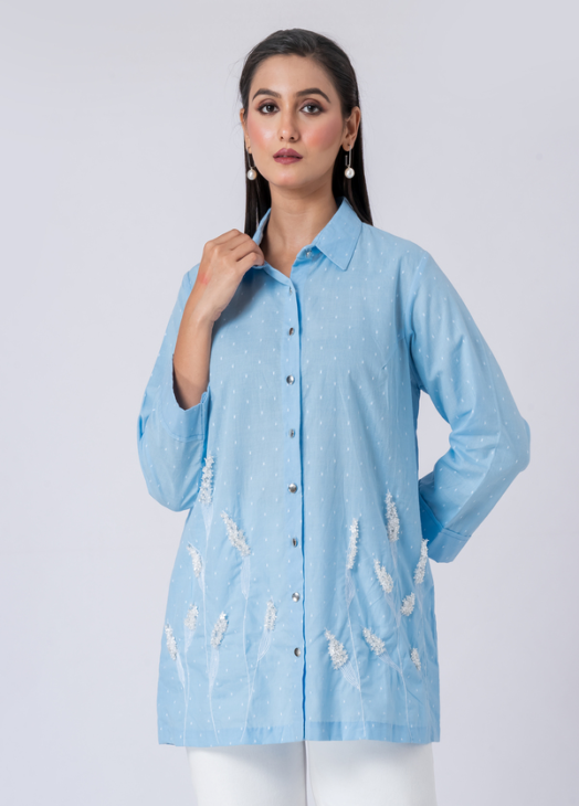 SKY WHISPER SHIRT: Blue, Cotton Textured Fabric, Bead and hand embroidered shirt with collar neck, Full sleeves