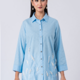 SKY WHISPER SHIRT: Blue, Cotton Textured Fabric, Bead and hand embroidered shirt with collar neck, Full sleeves