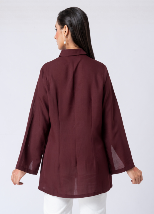 WINE BLOOM SHIRT: Wine, Crepe Fabric, Beaded hand embroidered shirt with collar neck, Asymetrical sleeves