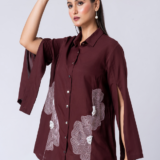WINE BLOOM SHIRT: Wine, Crepe Fabric, Beaded hand embroidered shirt with collar neck, Asymetrical sleeves