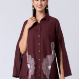 WINE BLOOM SHIRT: Wine, Crepe Fabric, Beaded hand embroidered shirt with collar neck, Asymetrical sleeves